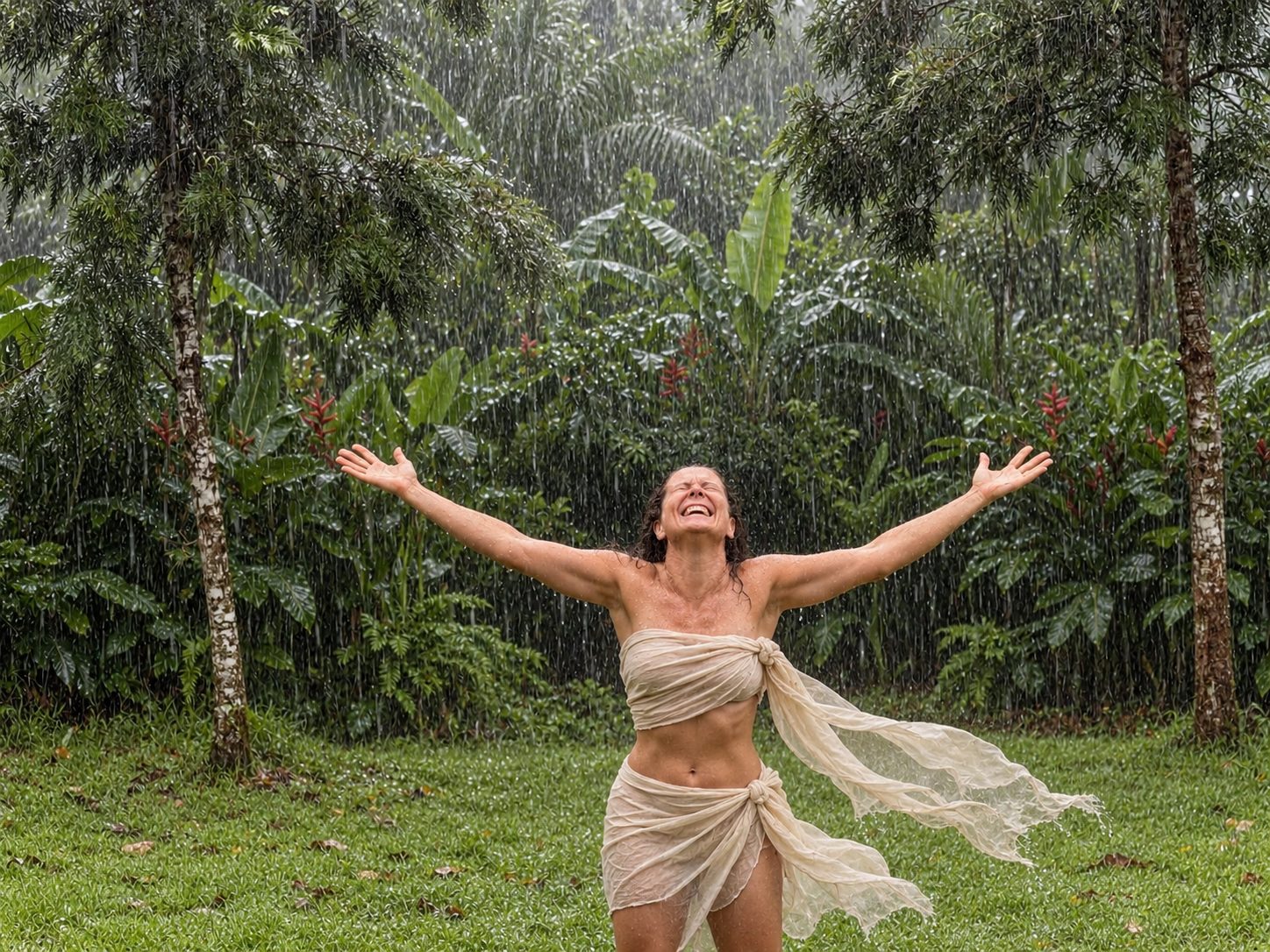 Christina in the jungle rain, arms wide open
