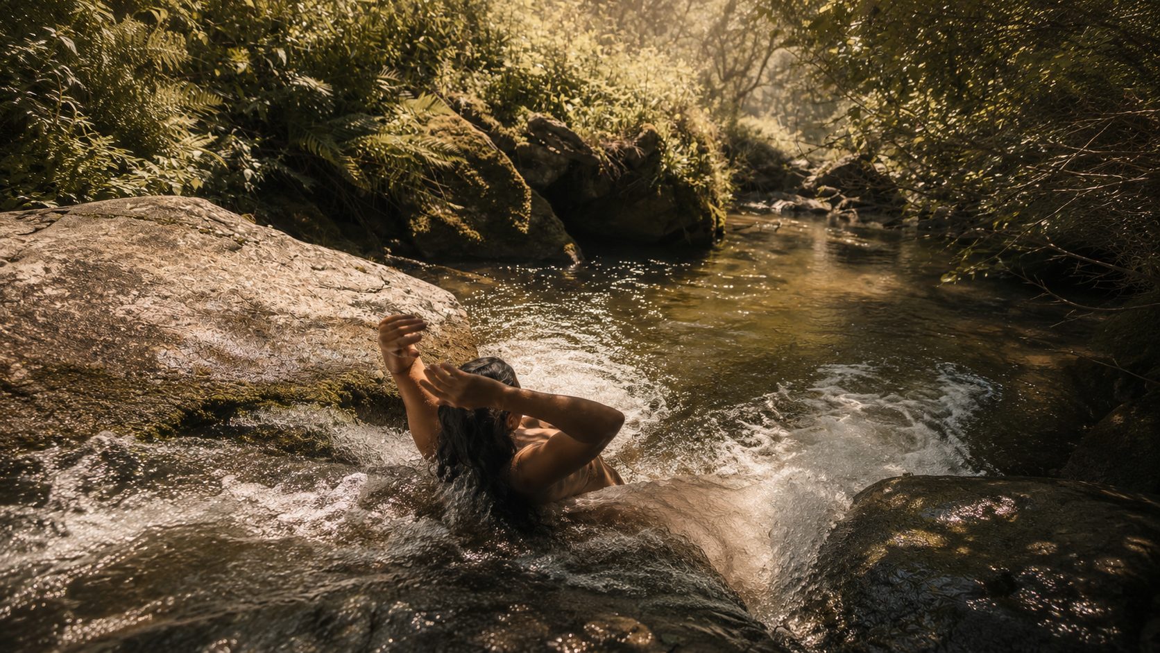 Christina in a stream in golden light, hands in her hair