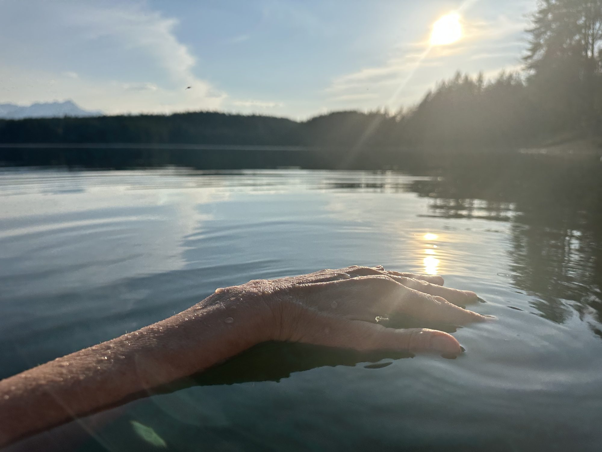 A hand gliding through lake water against the light